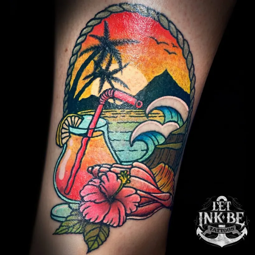 kleuren tattoo oldschool beach cocktail
